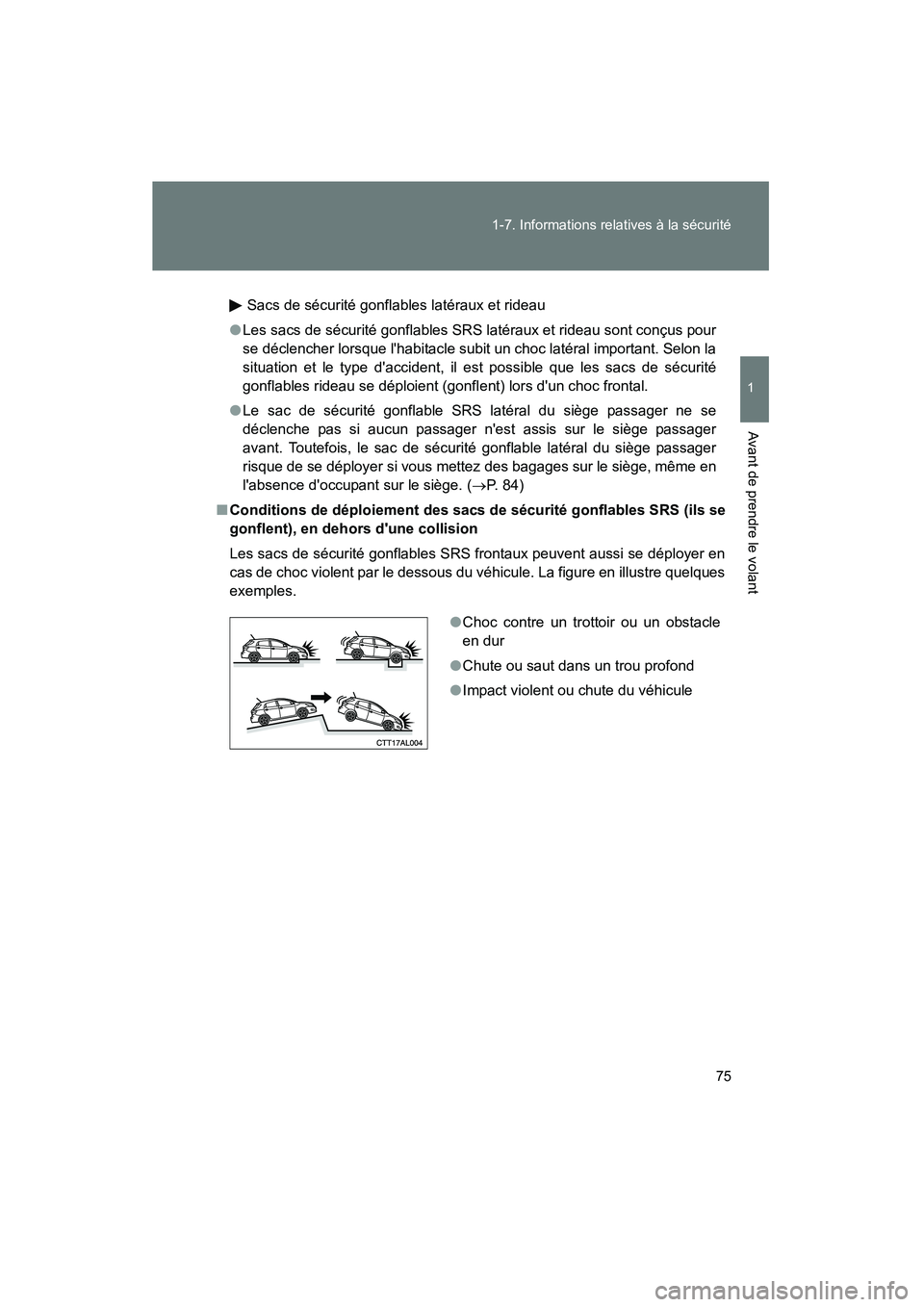 TOYOTA MATRIX 2010  Manuel du propriétaire (in French) 75
1-7. Informations relatives à la sécurité
1
Avant de prendre le volant
MATRIX_D_(L/O_0902)
Sacs de sécurité gonflables latéraux et rideau
● Les sacs de sécurité gonflables SRS latéraux e
