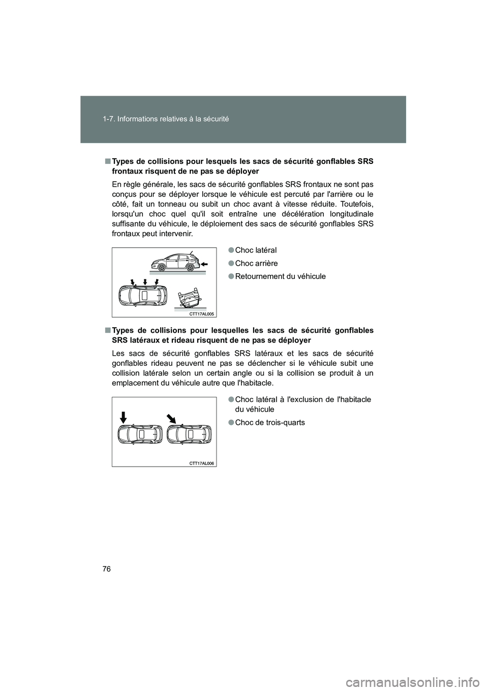 TOYOTA MATRIX 2010  Manuel du propriétaire (in French) 76 1-7. Informations relatives à la sécurité
MATRIX_D_(L/O_0902)
■Types de collisions pour lesquels les sacs de sécurité gonflables SRS
frontaux risquent de ne pas se déployer
En règle géné
