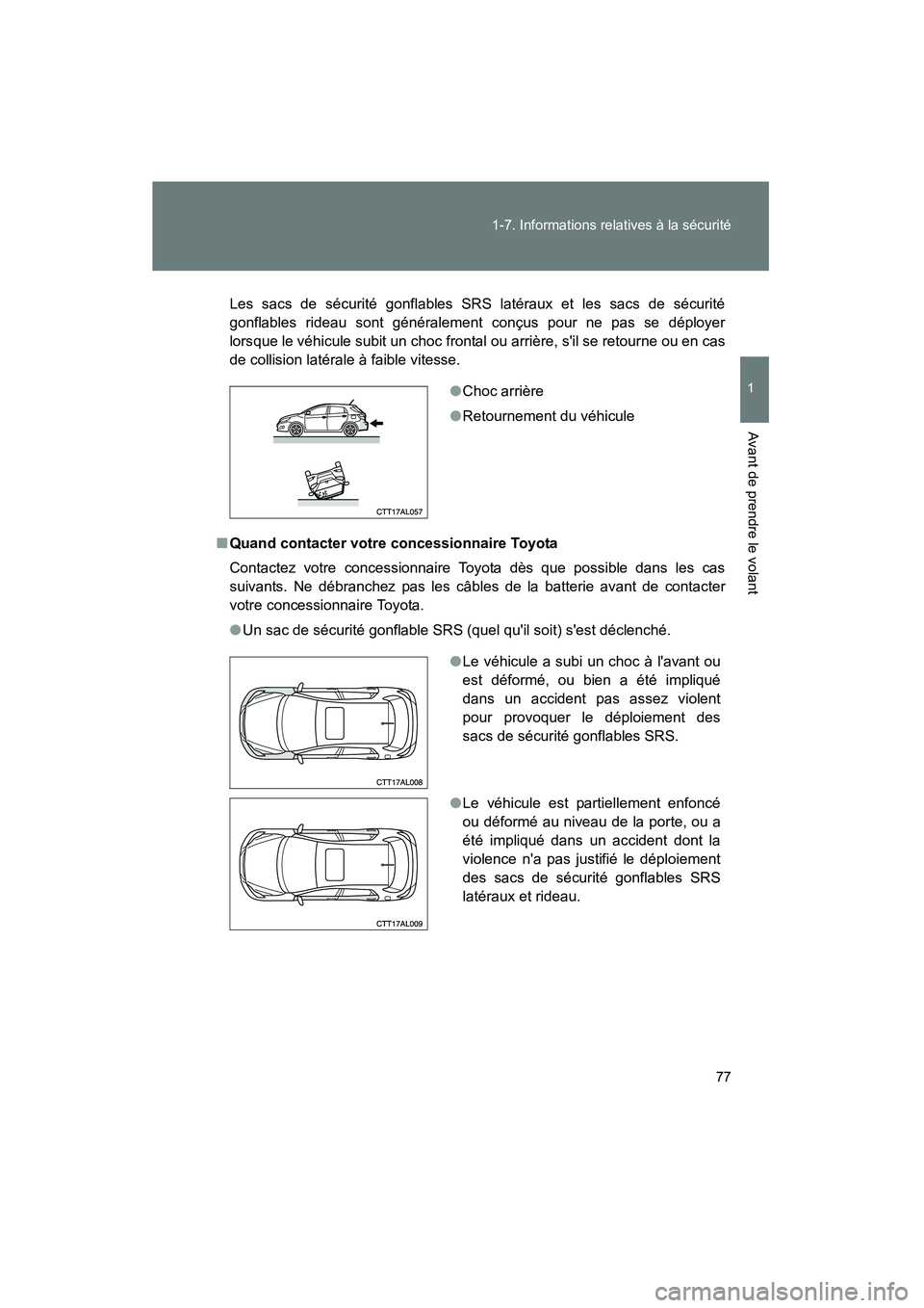 TOYOTA MATRIX 2010  Manuel du propriétaire (in French) 77
1-7. Informations relatives à la sécurité
1
Avant de prendre le volant
MATRIX_D_(L/O_0902)
Les sacs de sécurité gonflables SRS latéraux et les sacs de sécurité
gonflables rideau sont géné