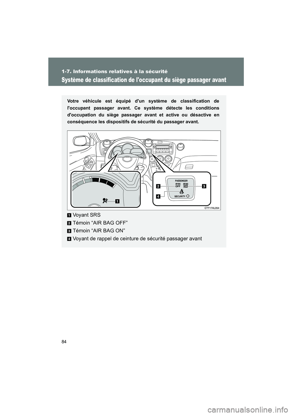 TOYOTA MATRIX 2010 Manuel du propriétaire (in French) 84
1-7. Informations relatives à la sécurité
MATRIX_D_(L/O_0902)
Système de classification de loccupant du siège passager avant
Votre véhicule est équipé dun système de classification de
l TOYOTA MATRIX 2010 Manuel du propriétaire (in French) 84
1-7. Informations relatives à la sécurité
MATRIX_D_(L/O_0902)
Système de classification de loccupant du siège passager avant
Votre véhicule est équipé dun système de classification de
l