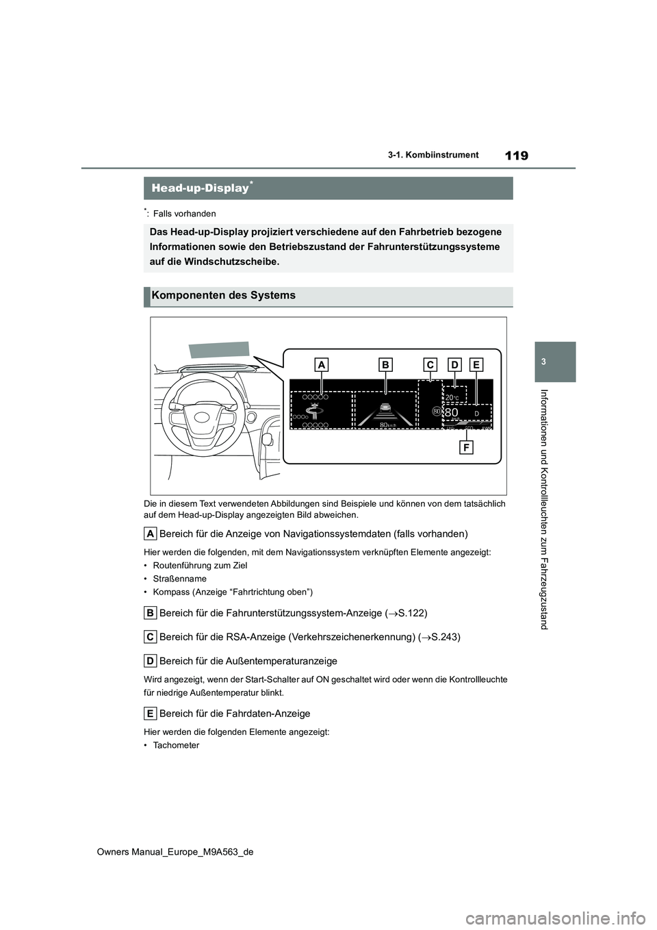 TOYOTA MIRAI 2023  Betriebsanleitungen (in German) 119
3
Owners Manual_Europe_M9A563_de
3-1. Kombiinstrument
Informationen und Kontrollleuchten zum Fahrzeugzustand
*: Falls vorhanden 
Die in diesem Text verwendeten Abbildungen sind Beispiele und k ön