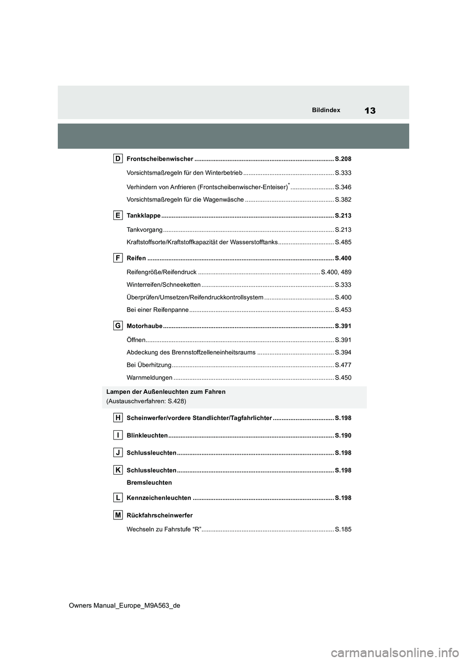TOYOTA MIRAI 2023 Betriebsanleitungen (in German) 13
Owners Manual_Europe_M9A563_de
Bildindex
Frontscheibenwischer ................................................................................ S.208
Vorsichtsmaßregeln für den Winterbetrieb .... TOYOTA MIRAI 2023 Betriebsanleitungen (in German) 13
Owners Manual_Europe_M9A563_de
Bildindex
Frontscheibenwischer ................................................................................ S.208
Vorsichtsmaßregeln für den Winterbetrieb ....