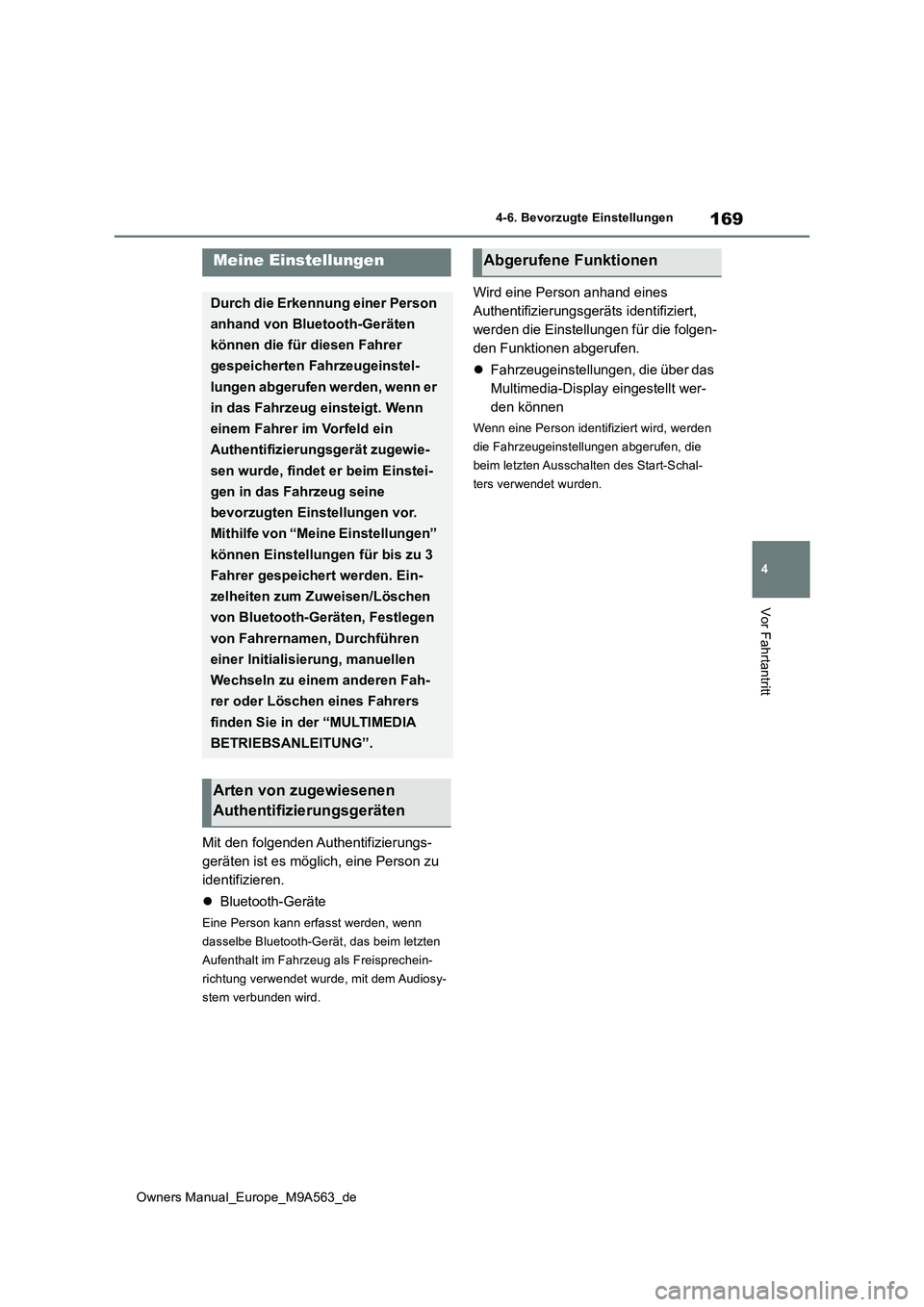 TOYOTA MIRAI 2023 Betriebsanleitungen (in German) 169
4
Owners Manual_Europe_M9A563_de
4-6. Bevorzugte Einstellungen
Vor Fahrtantritt
4-6.Bevo rzu gte Einstellu ngen
Mit den folgenden Authentifizierungs-
geräten ist es möglich, eine Person zu
id TOYOTA MIRAI 2023 Betriebsanleitungen (in German) 169
4
Owners Manual_Europe_M9A563_de
4-6. Bevorzugte Einstellungen
Vor Fahrtantritt
4-6.Bevo rzu gte Einstellu ngen
Mit den folgenden Authentifizierungs-
geräten ist es möglich, eine Person zu
id