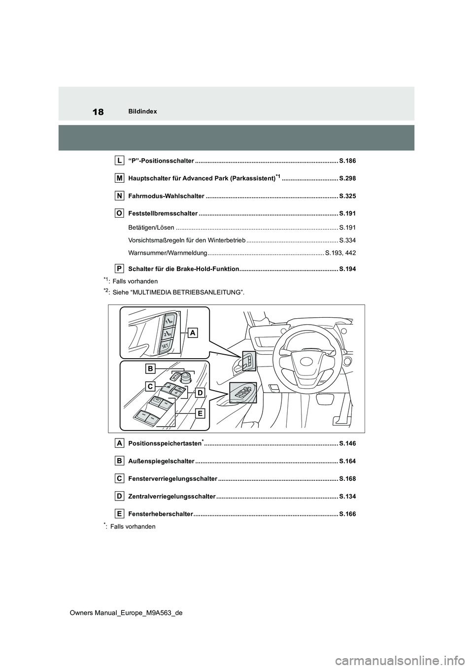 TOYOTA MIRAI 2023 Betriebsanleitungen (in German) 18
Owners Manual_Europe_M9A563_de
Bildindex
“P”-Positionsschalter .......................................... ....................................... S.186
Hauptschalter für Advanced Park (Parka TOYOTA MIRAI 2023 Betriebsanleitungen (in German) 18
Owners Manual_Europe_M9A563_de
Bildindex
“P”-Positionsschalter .......................................... ....................................... S.186
Hauptschalter für Advanced Park (Parka