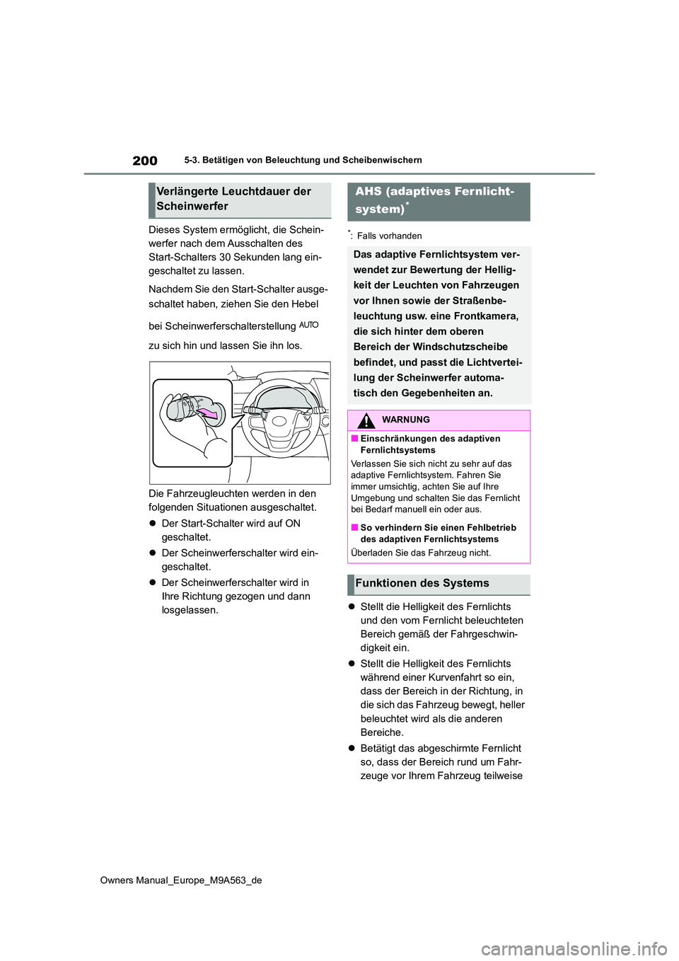 TOYOTA MIRAI 2023 Betriebsanleitungen (in German) 200
Owners Manual_Europe_M9A563_de
5-3. Betätigen von Beleuchtung und Scheibenwischern
Dieses System ermöglicht, die Schein-
werfer nach dem Ausschalten des
Start-Schalters 30 Sekunden lang ein-
g TOYOTA MIRAI 2023 Betriebsanleitungen (in German) 200
Owners Manual_Europe_M9A563_de
5-3. Betätigen von Beleuchtung und Scheibenwischern
Dieses System ermöglicht, die Schein-
werfer nach dem Ausschalten des
Start-Schalters 30 Sekunden lang ein-
g