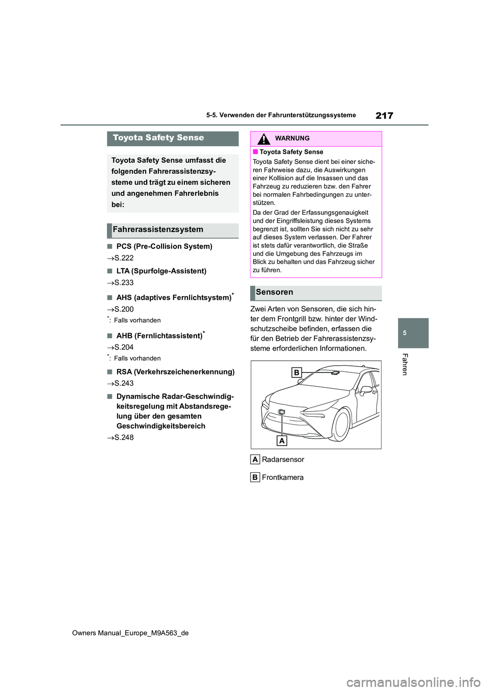 TOYOTA MIRAI 2023 Betriebsanleitungen (in German) 217
5
Owners Manual_Europe_M9A563_de
5-5. Verwenden der Fahrunterstützungssysteme
Fahren
5-5.Verwende n d er Fah runterstü tzungss ysteme
■PCS (Pre-Collision System)
S.222
■LTA (Spurfolge-A TOYOTA MIRAI 2023 Betriebsanleitungen (in German) 217
5
Owners Manual_Europe_M9A563_de
5-5. Verwenden der Fahrunterstützungssysteme
Fahren
5-5.Verwende n d er Fah runterstü tzungss ysteme
■PCS (Pre-Collision System)
S.222
■LTA (Spurfolge-A