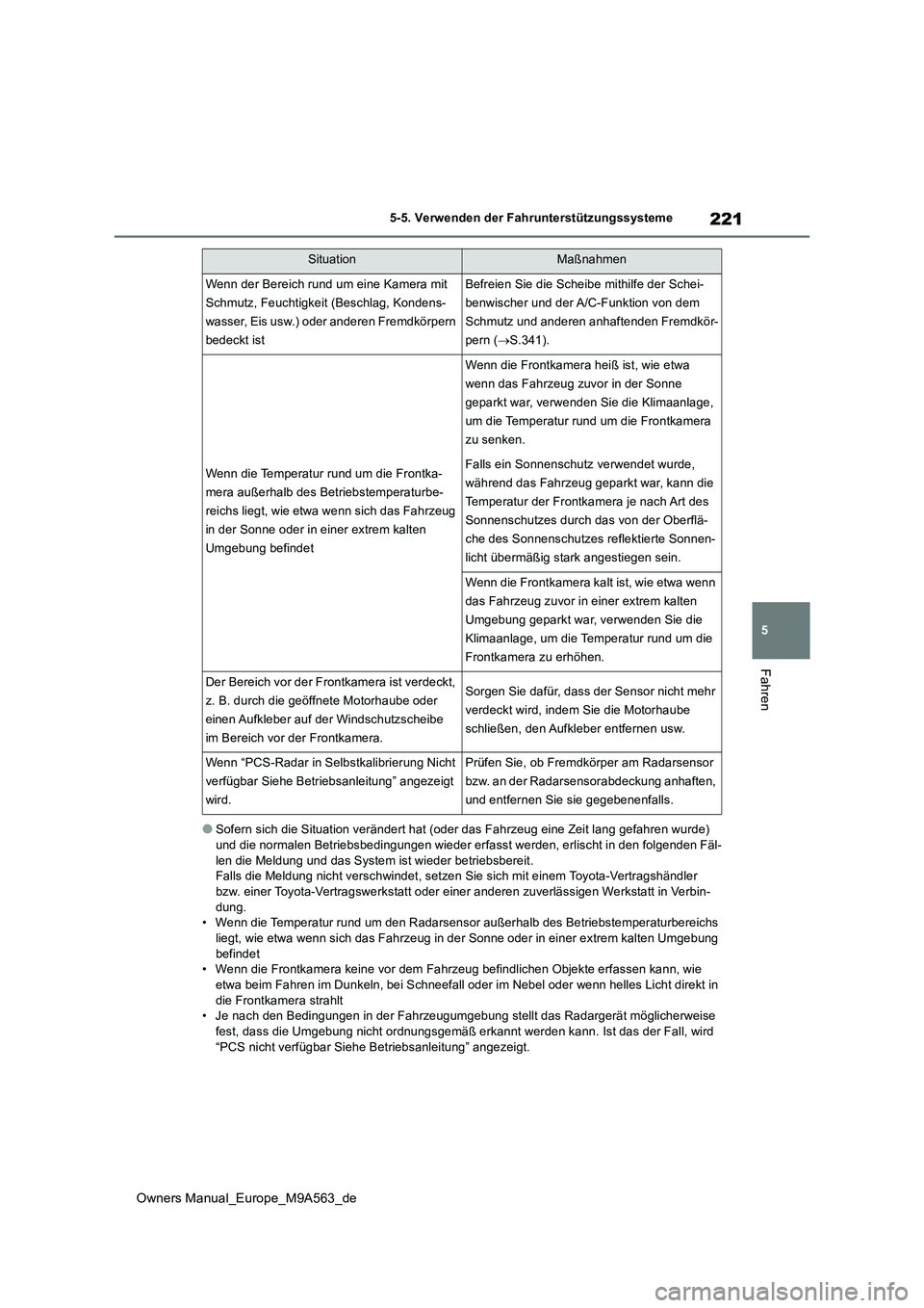 TOYOTA MIRAI 2023  Betriebsanleitungen (in German) 221
5
Owners Manual_Europe_M9A563_de
5-5. Verwenden der Fahrunterstützungssysteme
Fahren
●Sofern sich die Situation verändert hat (oder das Fahrzeug eine Zeit lang gefahren wurde)  
und die normal