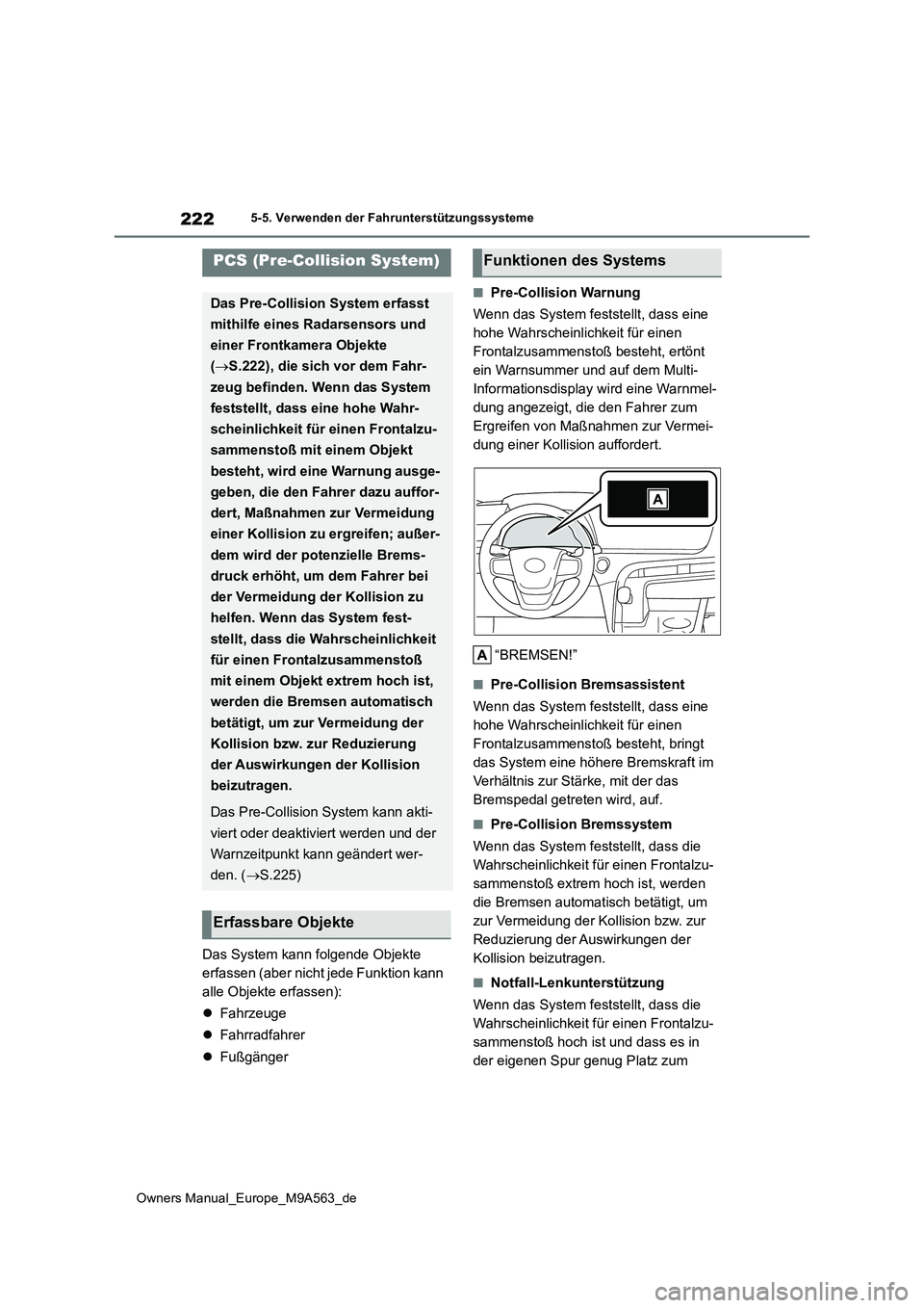 TOYOTA MIRAI 2023  Betriebsanleitungen (in German) 222
Owners Manual_Europe_M9A563_de
5-5. Verwenden der Fahrunterstützungssysteme
Das System kann folgende Objekte  
erfassen (aber nicht jede Funktion kann 
alle Objekte erfassen): 
 Fahrzeuge 
