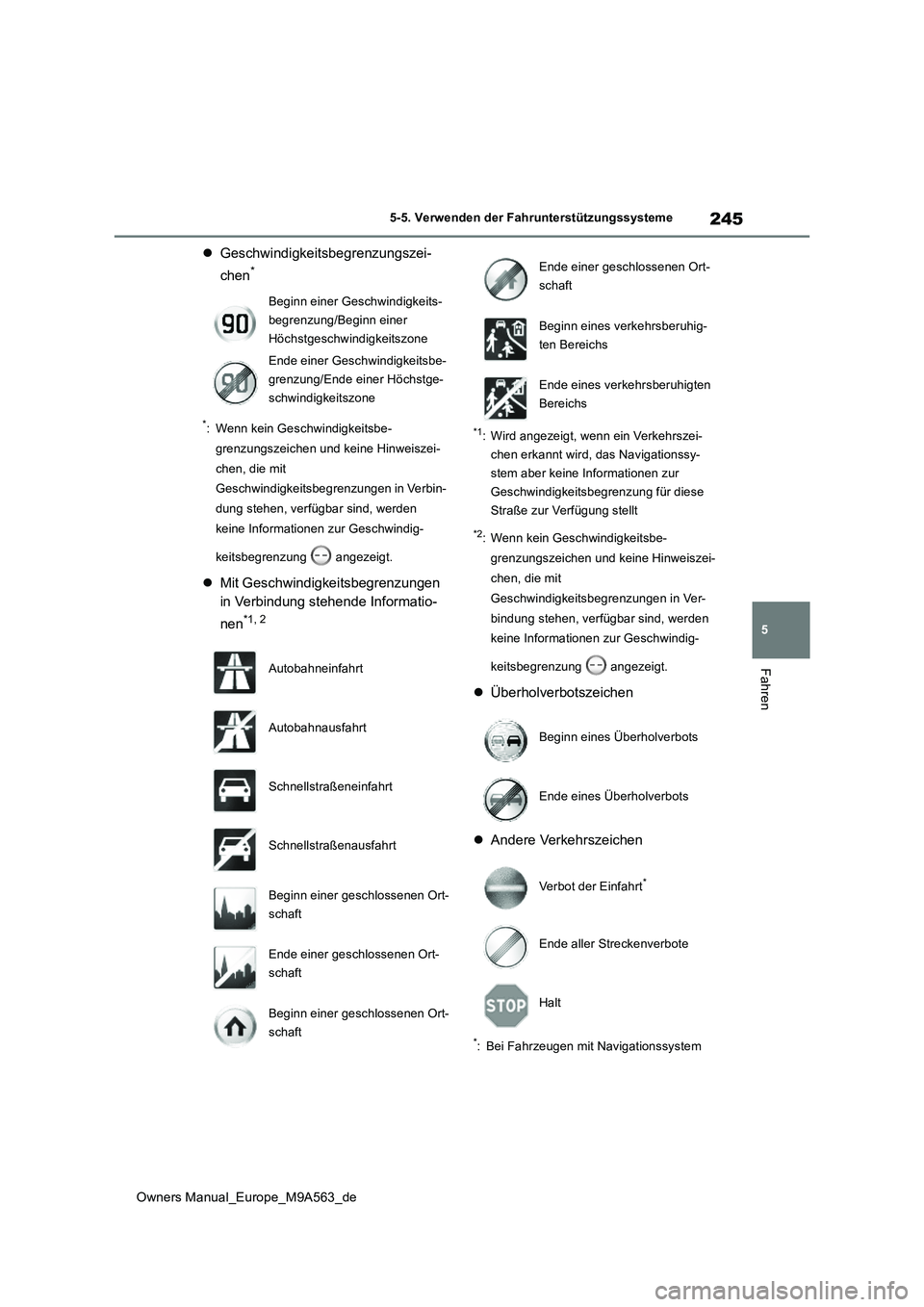 TOYOTA MIRAI 2023 Betriebsanleitungen (in German) 245
5
Owners Manual_Europe_M9A563_de
5-5. Verwenden der Fahrunterstützungssysteme
Fahren
Geschwindigkeitsbegrenzungszei-
chen*
*: Wenn kein Geschwindigkeitsbe-
grenzungszeichen und keine Hinweis TOYOTA MIRAI 2023 Betriebsanleitungen (in German) 245
5
Owners Manual_Europe_M9A563_de
5-5. Verwenden der Fahrunterstützungssysteme
Fahren
Geschwindigkeitsbegrenzungszei-
chen*
*: Wenn kein Geschwindigkeitsbe-
grenzungszeichen und keine Hinweis