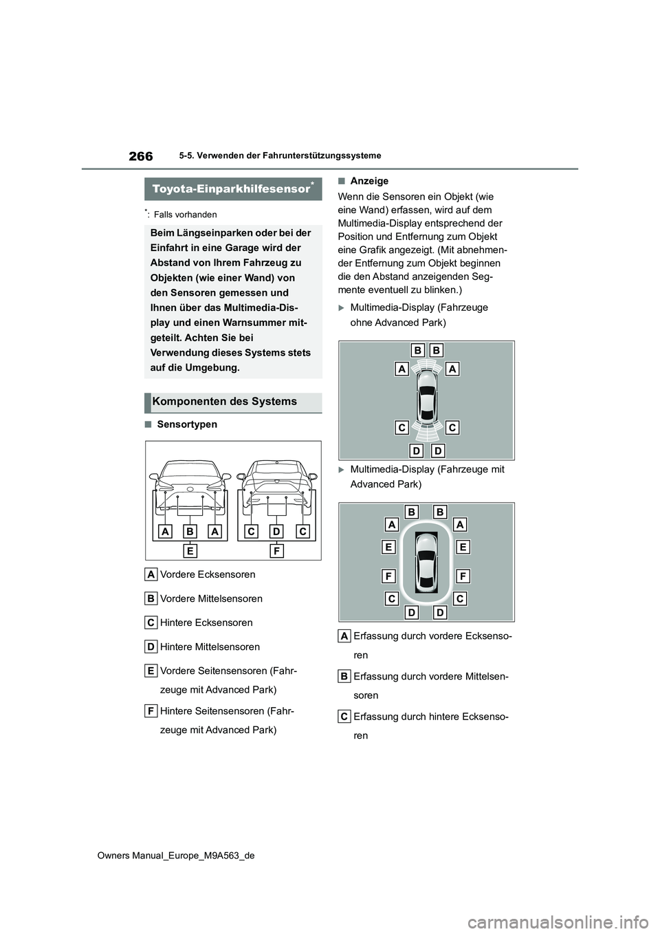 TOYOTA MIRAI 2023 Betriebsanleitungen (in German) 266
Owners Manual_Europe_M9A563_de
5-5. Verwenden der Fahrunterstützungssysteme
*: Falls vorhanden
■Sensortypen
Vordere Ecksensoren
Vordere Mittelsensoren
Hintere Ecksensoren
Hintere Mittelsensor TOYOTA MIRAI 2023 Betriebsanleitungen (in German) 266
Owners Manual_Europe_M9A563_de
5-5. Verwenden der Fahrunterstützungssysteme
*: Falls vorhanden
■Sensortypen
Vordere Ecksensoren
Vordere Mittelsensoren
Hintere Ecksensoren
Hintere Mittelsensor