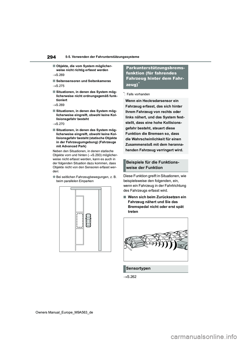 TOYOTA MIRAI 2023  Betriebsanleitungen (in German) 294
Owners Manual_Europe_M9A563_de
5-5. Verwenden der Fahrunterstützungssysteme
■Objekte, die vom System möglicher- weise nicht richtig erfasst werden 
 S.269
■Seitensensoren und Seitenkamera