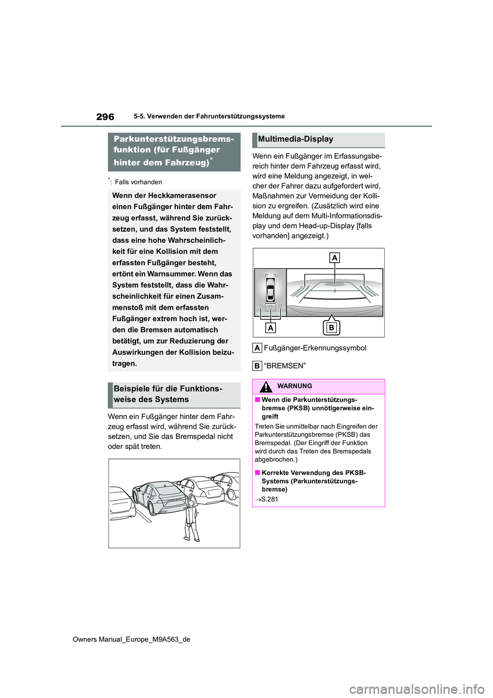 TOYOTA MIRAI 2023  Betriebsanleitungen (in German) 296
Owners Manual_Europe_M9A563_de
5-5. Verwenden der Fahrunterstützungssysteme
*: Falls vorhanden
Wenn ein Fußgänger hinter dem Fahr- 
zeug erfasst wird, während Sie zurück-
setzen, und Sie das 