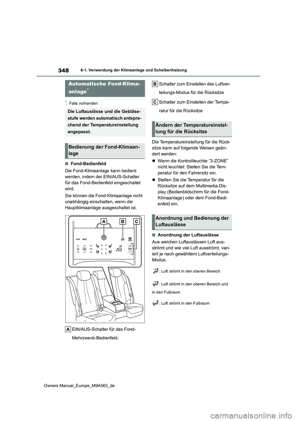 TOYOTA MIRAI 2023  Betriebsanleitungen (in German) 348
Owners Manual_Europe_M9A563_de
6-1. Verwendung der Klimaanlage und Scheibenheizung
*: Falls vorhanden
■Fond-Bedienfeld 
Die Fond-Klimaanlage kann bedient  
werden, indem der EIN/AUS-Schalter 
f