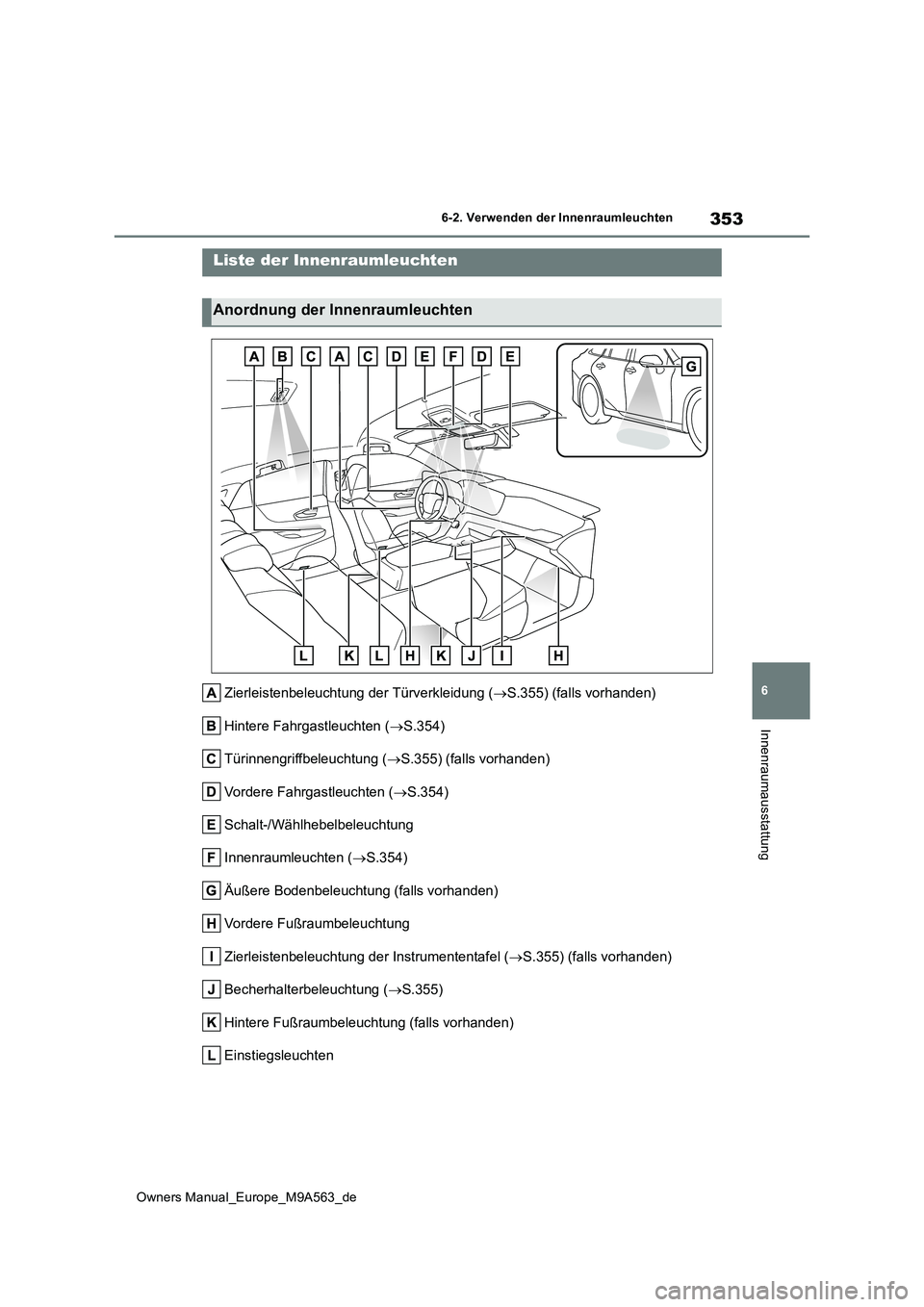 TOYOTA MIRAI 2023 Betriebsanleitungen (in German) 353
6
Owners Manual_Europe_M9A563_de
6-2. Verwenden der Innenraumleuchten
Innenraumausstattung
6-2.Verwende n d er Innenraumleuch ten
Zierleistenbeleuchtung der Türverkleidung (S.355) (falls vorha TOYOTA MIRAI 2023 Betriebsanleitungen (in German) 353
6
Owners Manual_Europe_M9A563_de
6-2. Verwenden der Innenraumleuchten
Innenraumausstattung
6-2.Verwende n d er Innenraumleuch ten
Zierleistenbeleuchtung der Türverkleidung (S.355) (falls vorha