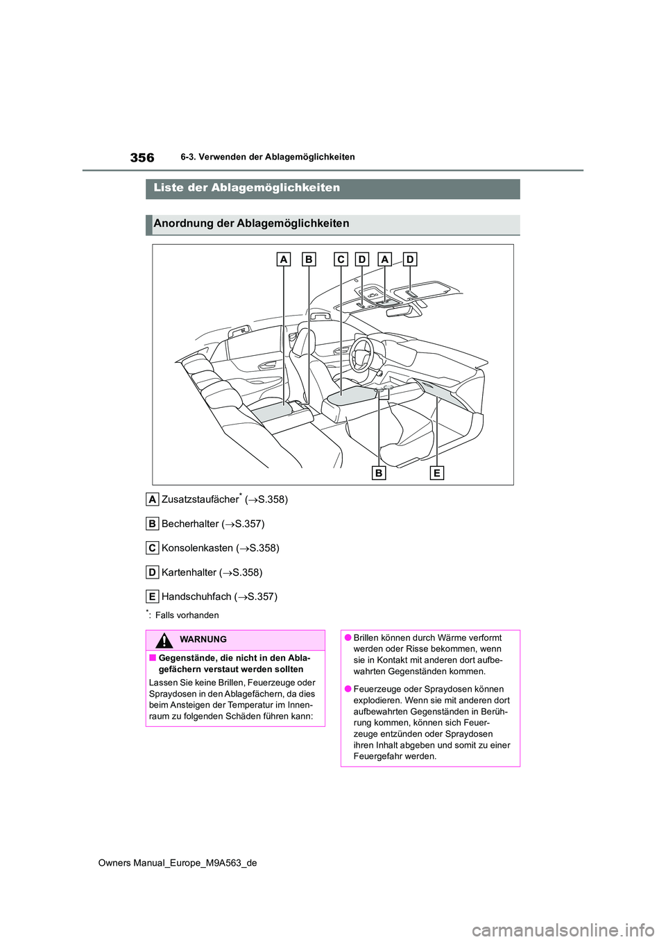TOYOTA MIRAI 2023 Betriebsanleitungen (in German) 356
Owners Manual_Europe_M9A563_de
6-3. Verwenden der Ablagemöglichkeiten
6-3.Verwende n d er Ab lag emöglic hkeite n
Zusatzstaufächer* (S.358)
Becherhalter ( S.357)
Konsolenkasten ( S.3 TOYOTA MIRAI 2023 Betriebsanleitungen (in German) 356
Owners Manual_Europe_M9A563_de
6-3. Verwenden der Ablagemöglichkeiten
6-3.Verwende n d er Ab lag emöglic hkeite n
Zusatzstaufächer* (S.358)
Becherhalter ( S.357)
Konsolenkasten ( S.3
