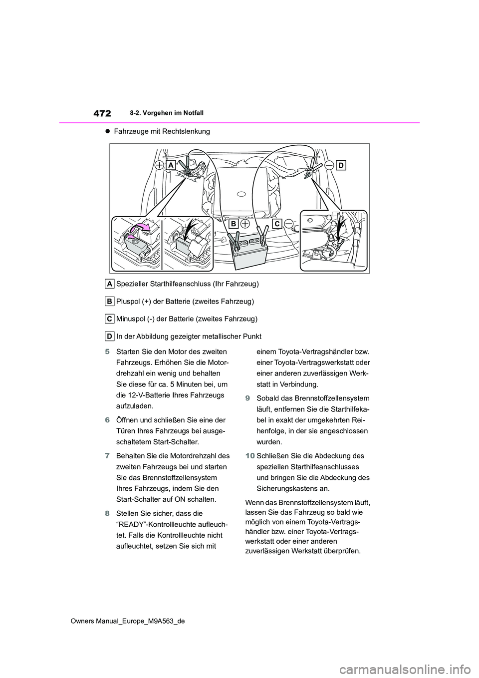 TOYOTA MIRAI 2023 Betriebsanleitungen (in German) 472
Owners Manual_Europe_M9A563_de
8-2. Vorgehen im Notfall
Fahrzeuge mit Rechtslenkung
Spezieller Starthilfeanschluss (Ihr Fahrzeug)
Pluspol (+) der Batterie (zweites Fahrzeug)
Minuspol (-) der TOYOTA MIRAI 2023 Betriebsanleitungen (in German) 472
Owners Manual_Europe_M9A563_de
8-2. Vorgehen im Notfall
Fahrzeuge mit Rechtslenkung
Spezieller Starthilfeanschluss (Ihr Fahrzeug)
Pluspol (+) der Batterie (zweites Fahrzeug)
Minuspol (-) der