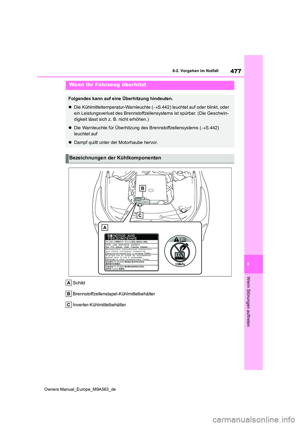 TOYOTA MIRAI 2023 Betriebsanleitungen (in German) 477
8
Owners Manual_Europe_M9A563_de
8-2. Vorgehen im Notfall
Wenn Störungen auftreten
Schild
Brennstoffzellenstapel-Kühlmittelbehälter
Inverter-Kühlmittelbehälter
Wenn Ihr Fahrzeug überhitzt
F TOYOTA MIRAI 2023 Betriebsanleitungen (in German) 477
8
Owners Manual_Europe_M9A563_de
8-2. Vorgehen im Notfall
Wenn Störungen auftreten
Schild
Brennstoffzellenstapel-Kühlmittelbehälter
Inverter-Kühlmittelbehälter
Wenn Ihr Fahrzeug überhitzt
F