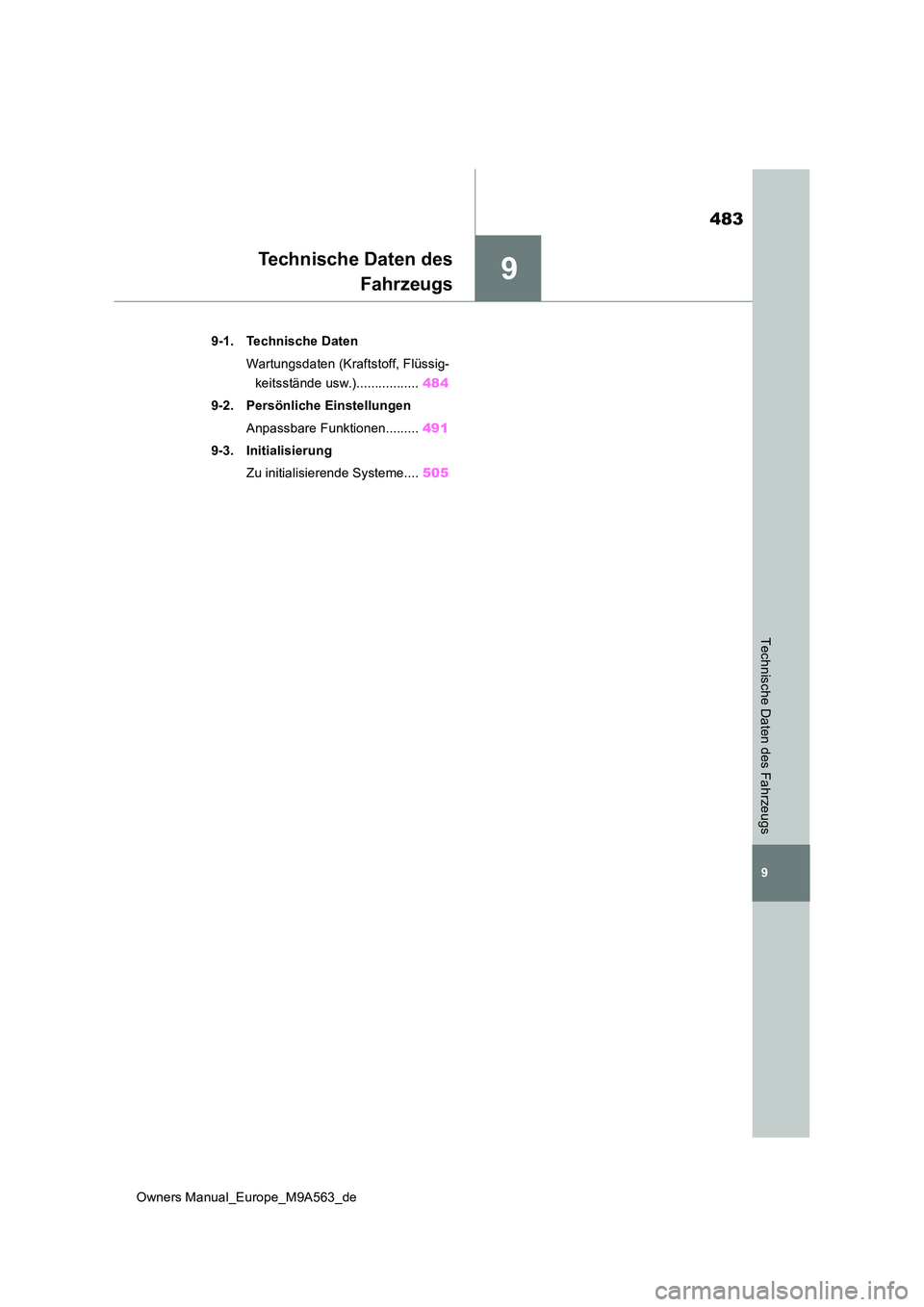TOYOTA MIRAI 2023 Betriebsanleitungen (in German) 9
483
Owners Manual_Europe_M9A563_de
9
Technische Daten des Fahrzeugs
Technische Daten des
Fahrzeugs
9-1. Technische Daten
Wartungsdaten (Kraftstoff, Flüssig-
keitsstände usw.)................. 4 TOYOTA MIRAI 2023 Betriebsanleitungen (in German) 9
483
Owners Manual_Europe_M9A563_de
9
Technische Daten des Fahrzeugs
Technische Daten des
Fahrzeugs
9-1. Technische Daten
Wartungsdaten (Kraftstoff, Flüssig-
keitsstände usw.)................. 4