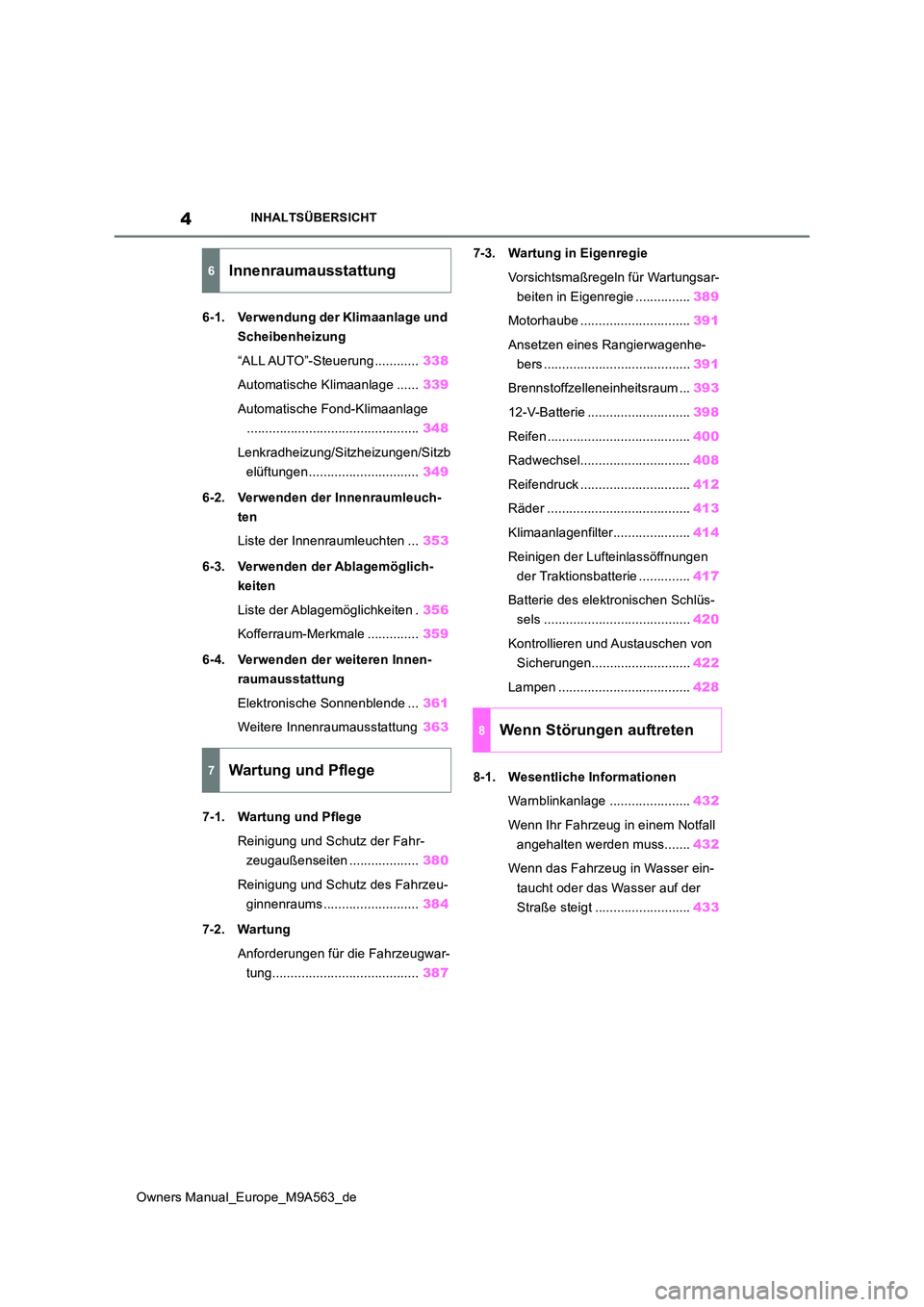 TOYOTA MIRAI 2023 Betriebsanleitungen (in German) 4
Owners Manual_Europe_M9A563_de
INHALTSÜBERSICHT
6-1. Verwendung der Klimaanlage und
Scheibenheizung
“ALL AUTO”-Steuerung ............ 338
Automatische Klimaanlage ...... 339
Automatische F TOYOTA MIRAI 2023 Betriebsanleitungen (in German) 4
Owners Manual_Europe_M9A563_de
INHALTSÜBERSICHT
6-1. Verwendung der Klimaanlage und
Scheibenheizung
“ALL AUTO”-Steuerung ............ 338
Automatische Klimaanlage ...... 339
Automatische F