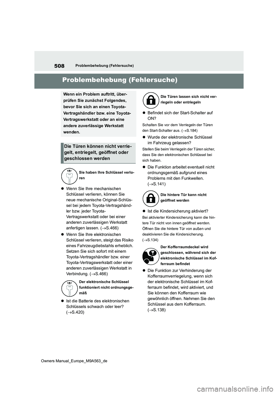 TOYOTA MIRAI 2023 Betriebsanleitungen (in German) 508
Owners Manual_Europe_M9A563_de
Problembehebung (Fehlersuche)
1-1.Pro ble mb eheb ung (Fe hle rsu che)Problembehebung (Fehlersuche)
Wenn Sie Ihre mechanischen
Schlüssel verlieren, können Sie TOYOTA MIRAI 2023 Betriebsanleitungen (in German) 508
Owners Manual_Europe_M9A563_de
Problembehebung (Fehlersuche)
1-1.Pro ble mb eheb ung (Fe hle rsu che)Problembehebung (Fehlersuche)
Wenn Sie Ihre mechanischen
Schlüssel verlieren, können Sie