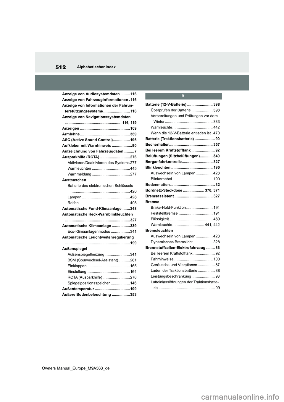 TOYOTA MIRAI 2023 Betriebsanleitungen (in German) 512
Owners Manual_Europe_M9A563_de
Alphabetischer Index
Anzeige von Audiosystemdaten ......... 116
Anzeige von Fahrzeuginformationen . 116
Anzeige von Informationen der Fahrun-
terstützungssysteme TOYOTA MIRAI 2023 Betriebsanleitungen (in German) 512
Owners Manual_Europe_M9A563_de
Alphabetischer Index
Anzeige von Audiosystemdaten ......... 116
Anzeige von Fahrzeuginformationen . 116
Anzeige von Informationen der Fahrun-
terstützungssysteme