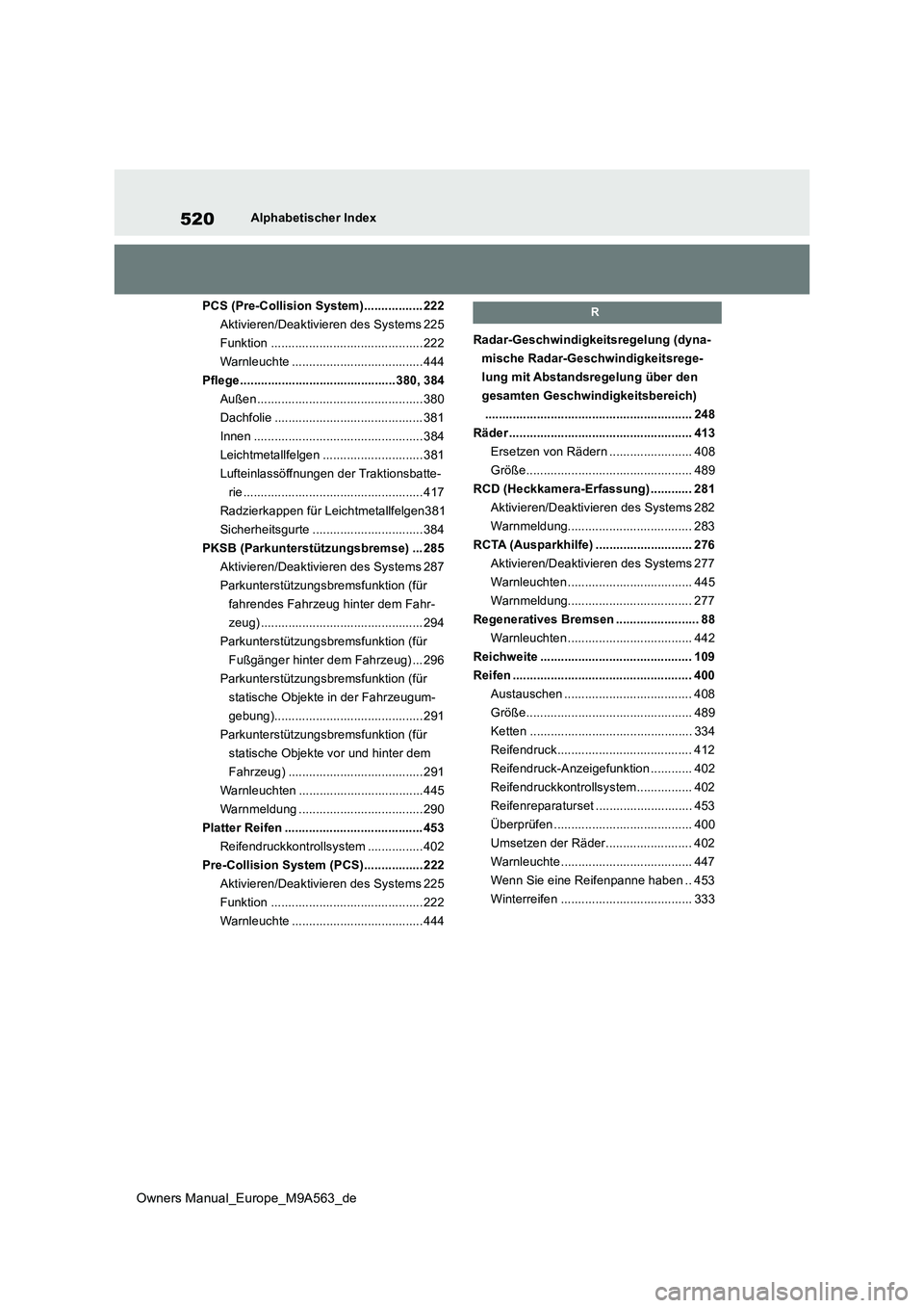 TOYOTA MIRAI 2023 Betriebsanleitungen (in German) 520
Owners Manual_Europe_M9A563_de
Alphabetischer Index
PCS (Pre-Collision System)................. 222
Aktivieren/Deaktivieren des Systems 225
Funktion ............................................ TOYOTA MIRAI 2023 Betriebsanleitungen (in German) 520
Owners Manual_Europe_M9A563_de
Alphabetischer Index
PCS (Pre-Collision System)................. 222
Aktivieren/Deaktivieren des Systems 225
Funktion ............................................