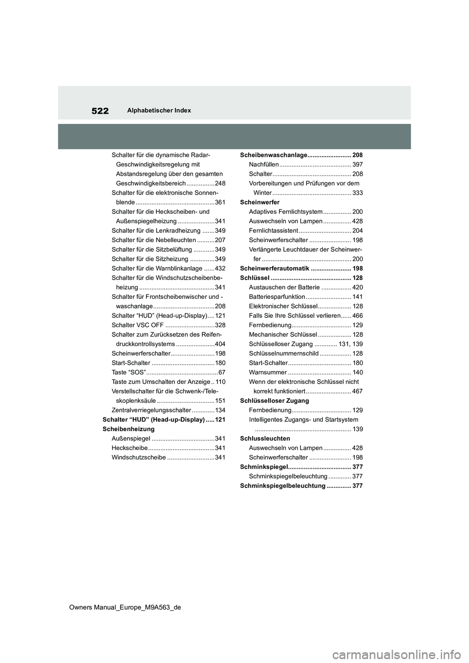 TOYOTA MIRAI 2023 Betriebsanleitungen (in German) 522
Owners Manual_Europe_M9A563_de
Alphabetischer Index
Schalter für die dynamische Radar-
Geschwindigkeitsregelung mit
Abstandsregelung über den gesamten
Geschwindigkeitsbereich ............... TOYOTA MIRAI 2023 Betriebsanleitungen (in German) 522
Owners Manual_Europe_M9A563_de
Alphabetischer Index
Schalter für die dynamische Radar-
Geschwindigkeitsregelung mit
Abstandsregelung über den gesamten
Geschwindigkeitsbereich ...............