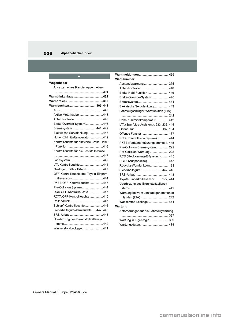 TOYOTA MIRAI 2023 Betriebsanleitungen (in German) 526
Owners Manual_Europe_M9A563_de
Alphabetischer Index
W
Wagenheber
Ansetzen eines Rangierwagenhebers
........................................................ 391
Warnblinkanlage ................... TOYOTA MIRAI 2023 Betriebsanleitungen (in German) 526
Owners Manual_Europe_M9A563_de
Alphabetischer Index
W
Wagenheber
Ansetzen eines Rangierwagenhebers
........................................................ 391
Warnblinkanlage ...................