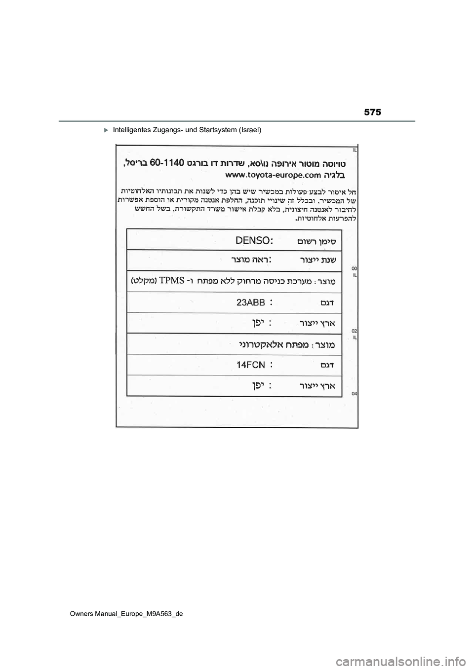 TOYOTA MIRAI 2023  Betriebsanleitungen (in German) 575
Owners Manual_Europe_M9A563_de
Intelligentes Zugangs- und Startsystem (Israel) 