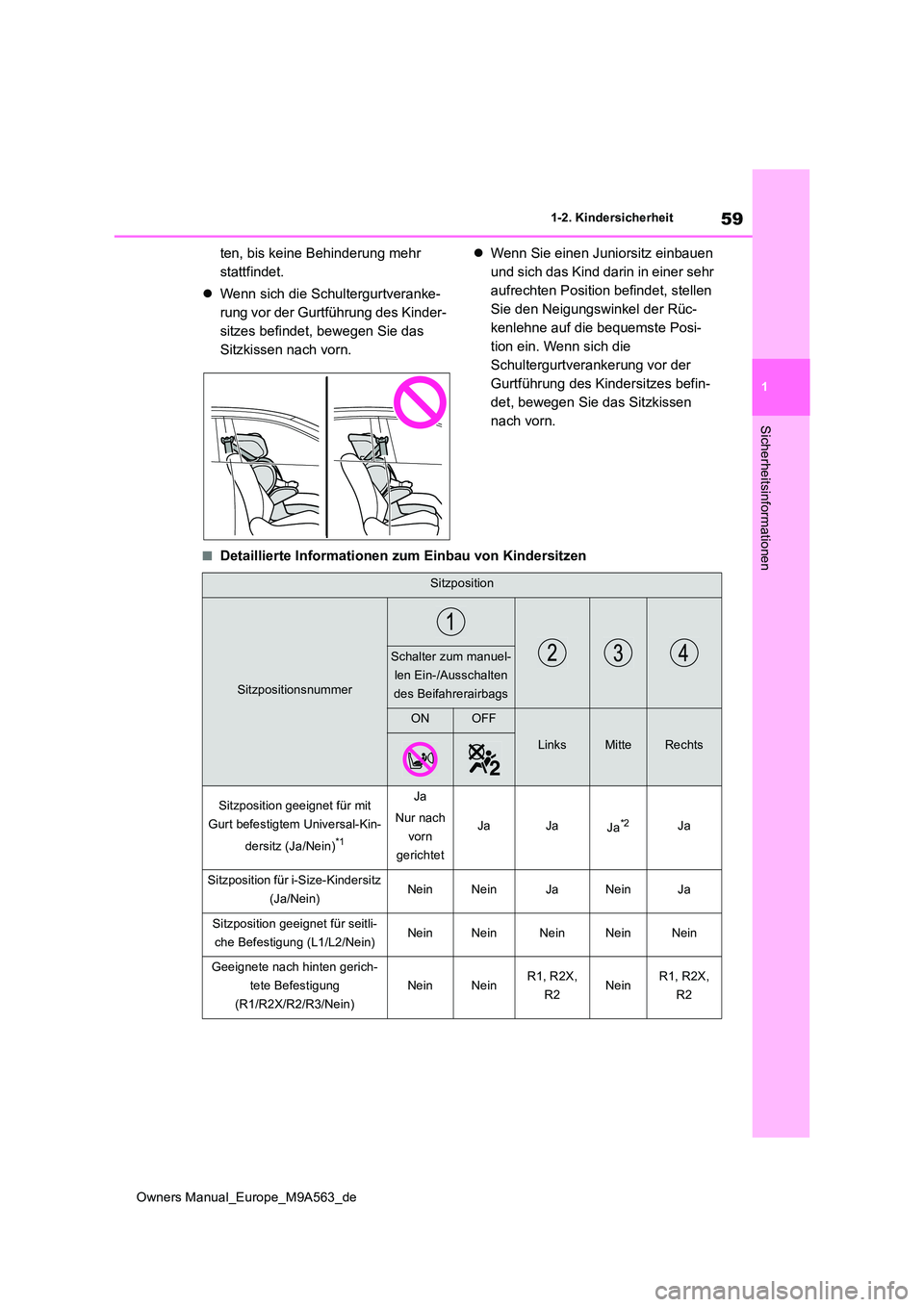 TOYOTA MIRAI 2023  Betriebsanleitungen (in German) 59
1
Owners Manual_Europe_M9A563_de
1-2. Kindersicherheit
Sicherheitsinformationen
ten, bis keine Behinderung mehr  
stattfindet. 
 Wenn sich die Schultergurtveranke- 
rung vor der Gurtführung des