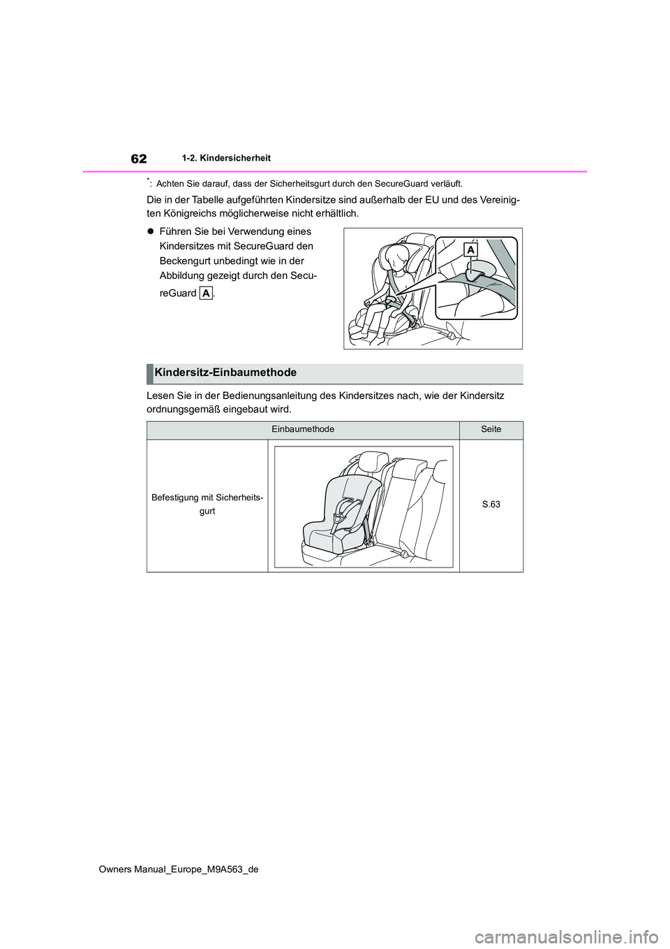 TOYOTA MIRAI 2023  Betriebsanleitungen (in German) 62
Owners Manual_Europe_M9A563_de
1-2. Kindersicherheit
*: Achten Sie darauf, dass der Sicherheitsgurt durch den SecureGuard verläuft.
Die in der Tabelle aufgeführten Kindersitze sind außerhalb der