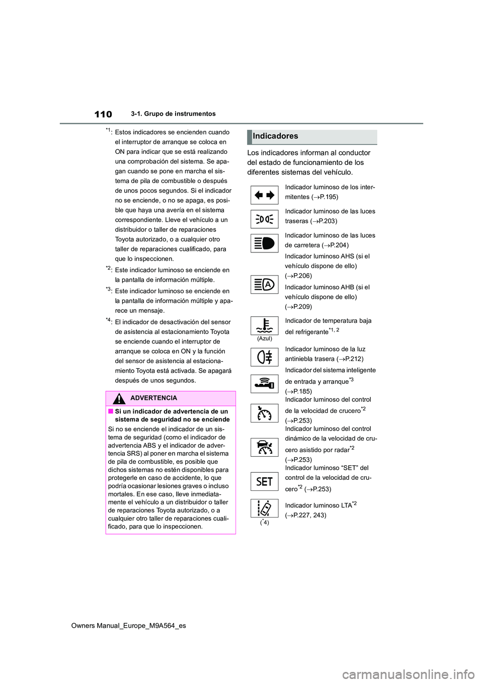 TOYOTA MIRAI 2023  Manual del propietario (in Spanish) 110
Owners Manual_Europe_M9A564_es
3-1. Grupo de instrumentos
*1: Estos indicadores se encienden cuando  
el interruptor de arranque se coloca en 
ON para indicar que se está realizando 
una comproba