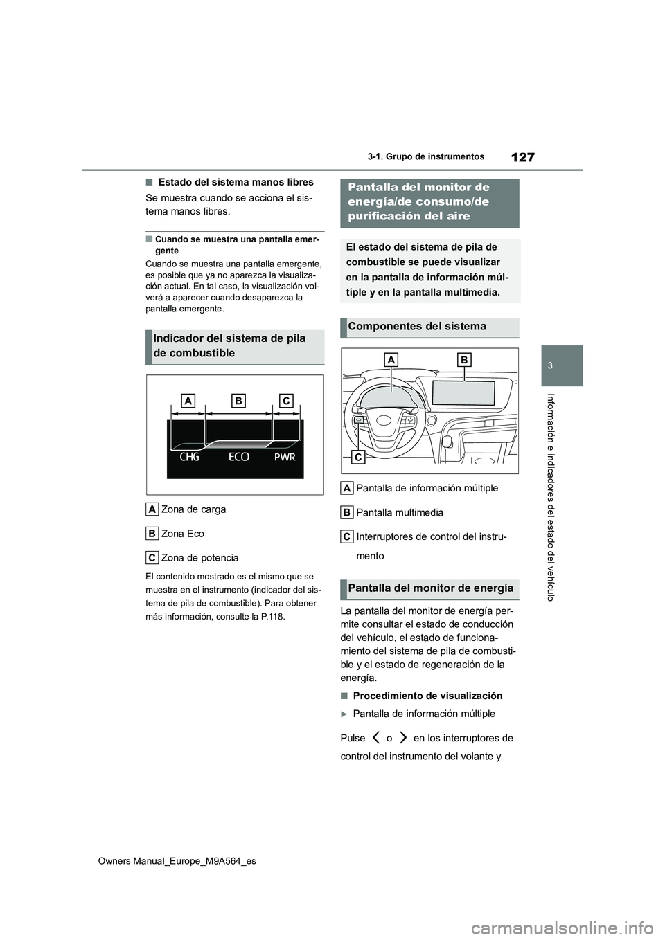 TOYOTA MIRAI 2023  Manual del propietario (in Spanish) 127
3
Owners Manual_Europe_M9A564_es
3-1. Grupo de instrumentos
Información e indicadores del estado del vehículo
■Estado del sistema manos libres 
Se muestra cuando se acciona el sis- 
tema manos