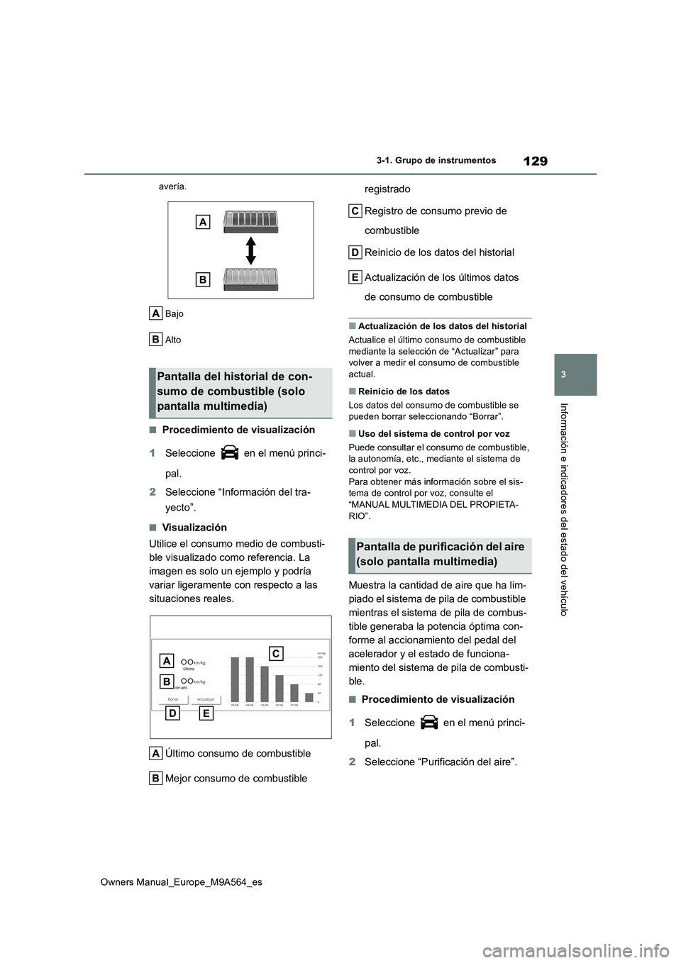 TOYOTA MIRAI 2023  Manual del propietario (in Spanish) 129
3
Owners Manual_Europe_M9A564_es
3-1. Grupo de instrumentos
Información e indicadores del estado del vehículo
avería. 
Bajo 
Alto
■Procedimiento de visualización 
1 Seleccione   en el menú 