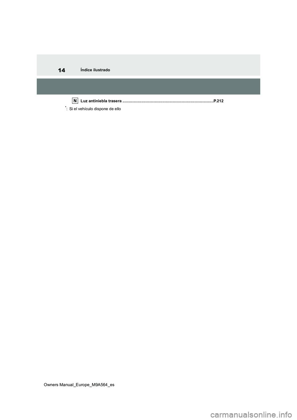 TOYOTA MIRAI 2023 Manual del propietario (in Spanish) 14
Owners Manual_Europe_M9A564_es
Índice ilustrado
Luz antiniebla trasera ......................................... .........................................P.212
*: Si el vehículo dispone de ello TOYOTA MIRAI 2023 Manual del propietario (in Spanish) 14
Owners Manual_Europe_M9A564_es
Índice ilustrado
Luz antiniebla trasera ......................................... .........................................P.212
*: Si el vehículo dispone de ello