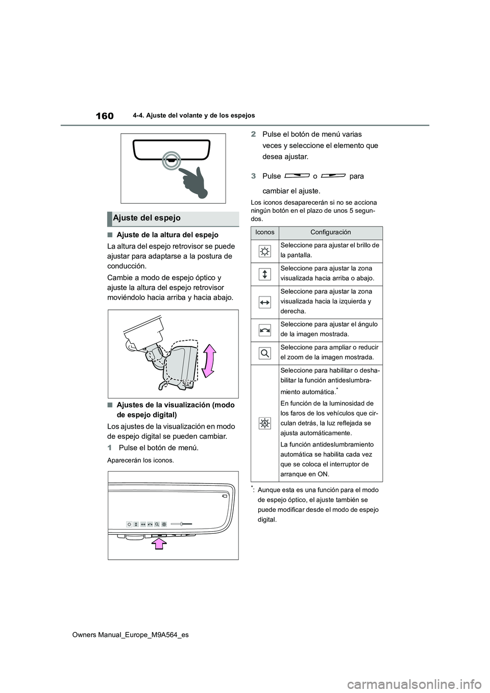 TOYOTA MIRAI 2023  Manual del propietario (in Spanish) 160
Owners Manual_Europe_M9A564_es
4-4. Ajuste del volante y de los espejos
■Ajuste de la altura del espejo 
La altura del espejo retrovisor se puede  
ajustar para adaptarse a la postura de 
conduc
