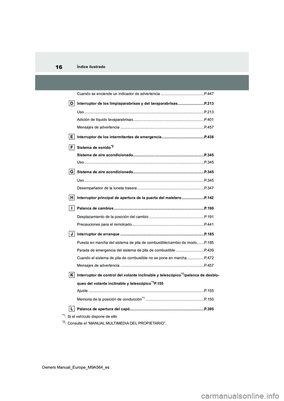 TOYOTA MIRAI 2023 Manual del propietario (in Spanish) 16
Owners Manual_Europe_M9A564_es
Índice ilustrado
Cuando se enciende un indicador de advertencia ................. ........................P.447
Interruptor de los limpiaparabrisas y del lavaparab TOYOTA MIRAI 2023 Manual del propietario (in Spanish) 16
Owners Manual_Europe_M9A564_es
Índice ilustrado
Cuando se enciende un indicador de advertencia ................. ........................P.447
Interruptor de los limpiaparabrisas y del lavaparab