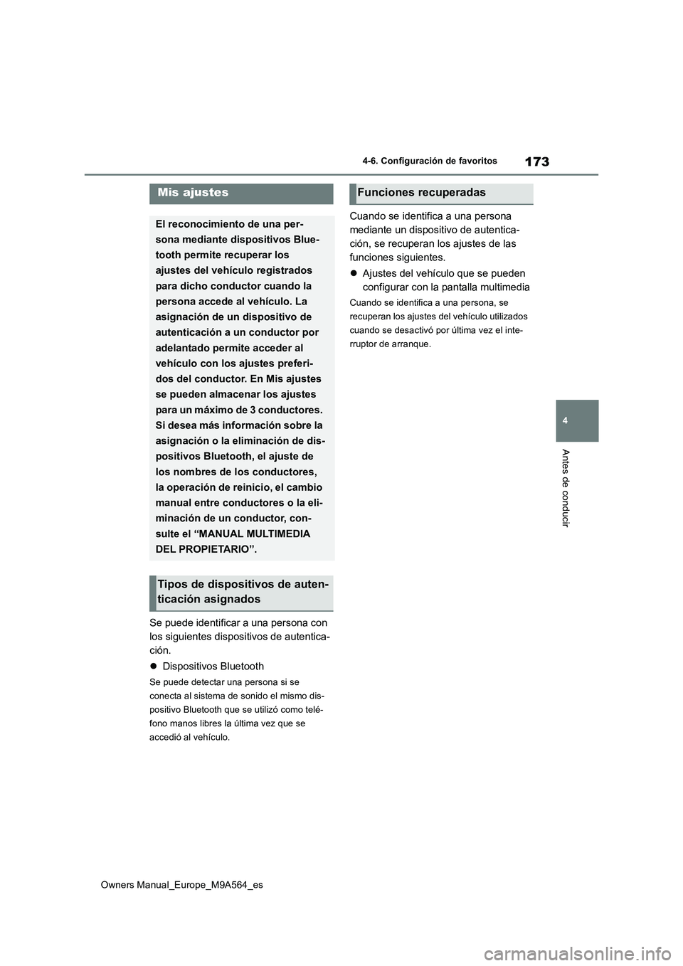 TOYOTA MIRAI 2023 Manual del propietario (in Spanish) 173
4
Owners Manual_Europe_M9A564_es
4-6. Configuración de favoritos
Antes de conducir
4-6.Config urac ió n d e favo ritos
Se puede identificar a una persona con
los siguientes dispositivos de aut TOYOTA MIRAI 2023 Manual del propietario (in Spanish) 173
4
Owners Manual_Europe_M9A564_es
4-6. Configuración de favoritos
Antes de conducir
4-6.Config urac ió n d e favo ritos
Se puede identificar a una persona con
los siguientes dispositivos de aut