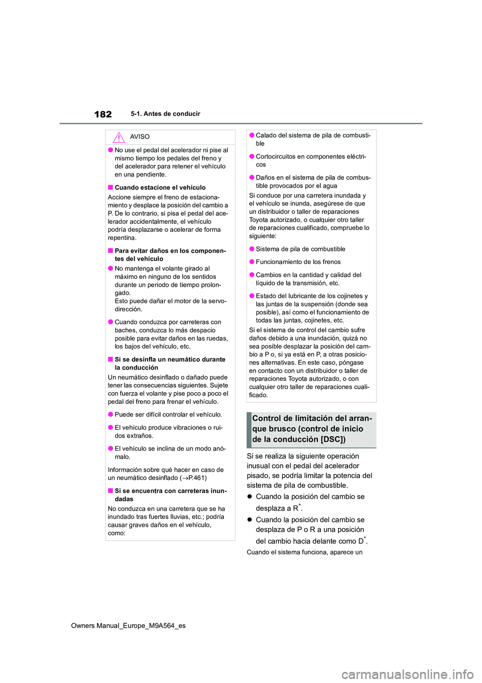 TOYOTA MIRAI 2023  Manual del propietario (in Spanish) 182
Owners Manual_Europe_M9A564_es
5-1. Antes de conducir
Si se realiza la siguiente operación  
inusual con el pedal del acelerador 
pisado, se podría limitar la potencia del 
sistema de pila de co