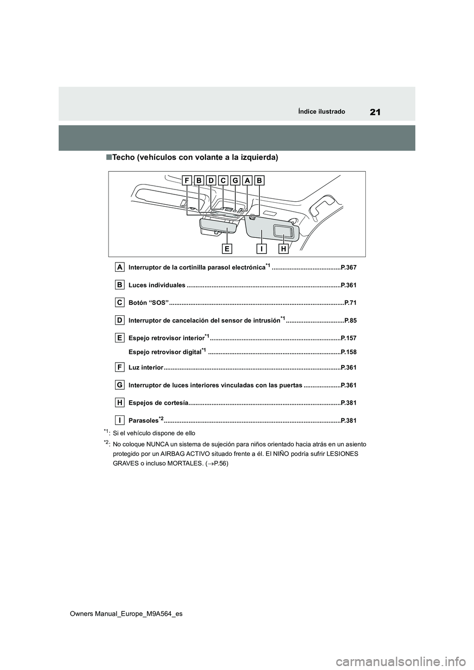 TOYOTA MIRAI 2023 Manual del propietario (in Spanish) 21
Owners Manual_Europe_M9A564_es
Índice ilustrado
■Techo (vehículos con volante a la izquierda)
Interruptor de la cortinilla parasol electrónica*1.......................................P.367
Lu TOYOTA MIRAI 2023 Manual del propietario (in Spanish) 21
Owners Manual_Europe_M9A564_es
Índice ilustrado
■Techo (vehículos con volante a la izquierda)
Interruptor de la cortinilla parasol electrónica*1.......................................P.367
Lu