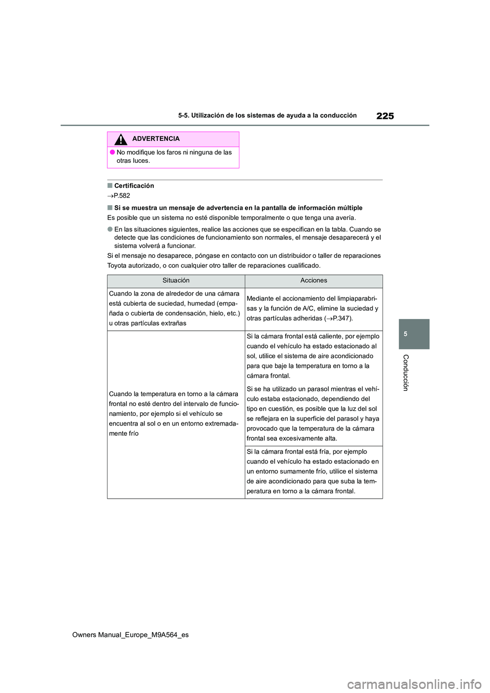TOYOTA MIRAI 2023 Manual del propietario (in Spanish) 225
5
Owners Manual_Europe_M9A564_es
5-5. Utilización de los sistemas de ayuda a la conducción
Conducción
■Certificación
P.582
■Si se muestra un mensaje de advertencia en la pantalla de i TOYOTA MIRAI 2023 Manual del propietario (in Spanish) 225
5
Owners Manual_Europe_M9A564_es
5-5. Utilización de los sistemas de ayuda a la conducción
Conducción
■Certificación
P.582
■Si se muestra un mensaje de advertencia en la pantalla de i