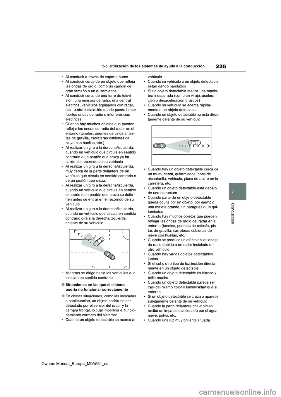 TOYOTA MIRAI 2023  Manual del propietario (in Spanish) 235
5
Owners Manual_Europe_M9A564_es
5-5. Utilización de los sistemas de ayuda a la conducción
Conducción
• Al conducir a través de vapor o humo • Al conducir cerca de un objeto que refleja la