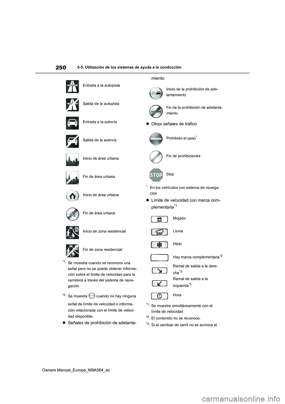 TOYOTA MIRAI 2023  Manual del propietario (in Spanish) 250
Owners Manual_Europe_M9A564_es
5-5. Utilización de los sistemas de ayuda a la conducción
*1: Se muestra cuando se reconoce una  
señal pero no se puede obtener informa-
ción sobre el límite d