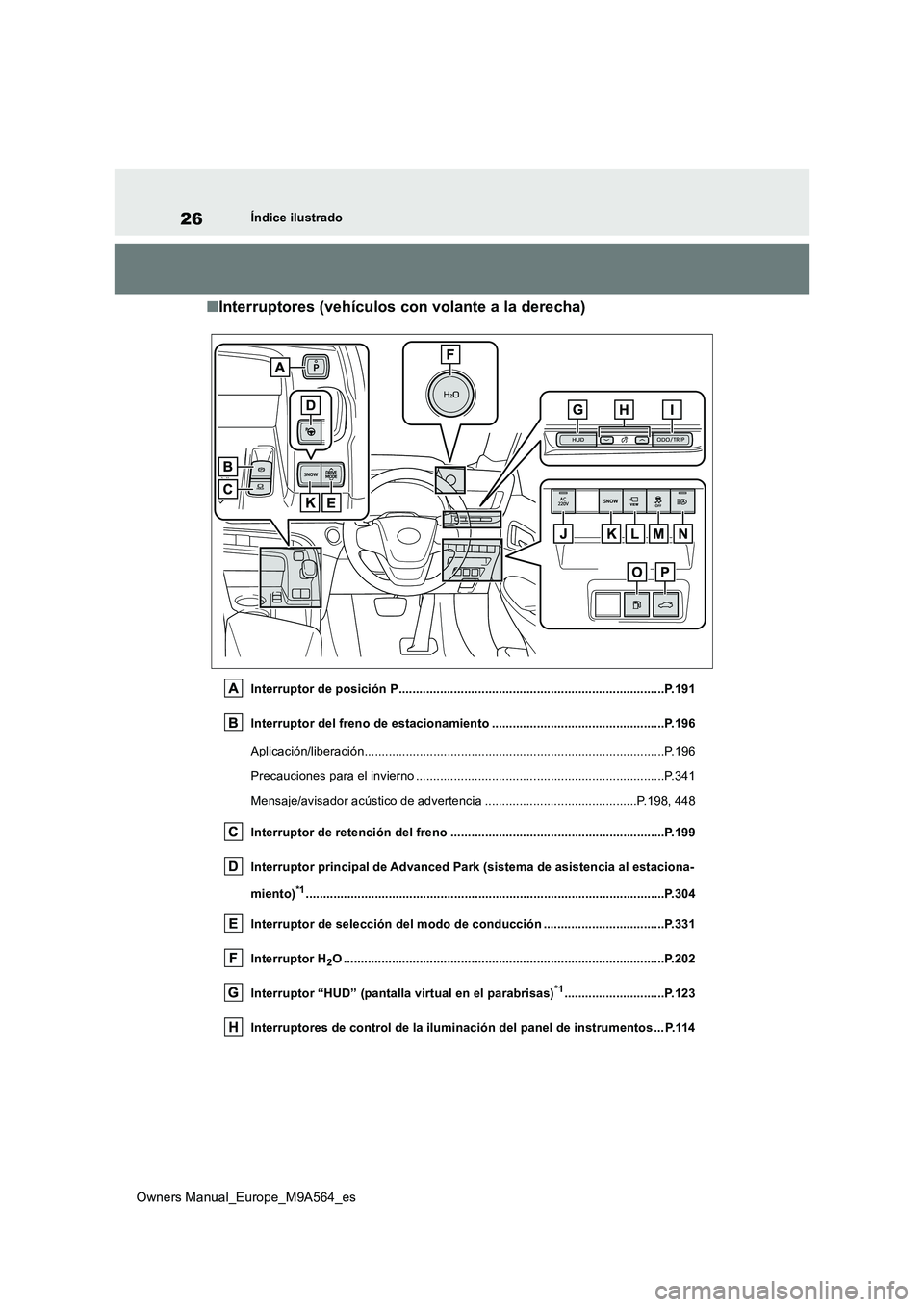 TOYOTA MIRAI 2023 Manual del propietario (in Spanish) 26
Owners Manual_Europe_M9A564_es
Índice ilustrado
■Interruptores (vehículos con volante a la derecha)
Interruptor de posición P................................................................... TOYOTA MIRAI 2023 Manual del propietario (in Spanish) 26
Owners Manual_Europe_M9A564_es
Índice ilustrado
■Interruptores (vehículos con volante a la derecha)
Interruptor de posición P...................................................................