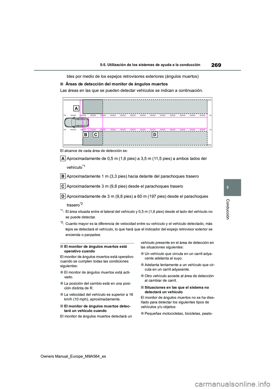 TOYOTA MIRAI 2023 Manual del propietario (in Spanish) 269
5
Owners Manual_Europe_M9A564_es
5-5. Utilización de los sistemas de ayuda a la conducción
Conducción
bles por medio de los espejos retrovisores exteriores (ángulos muertos)
■Áreas de detec TOYOTA MIRAI 2023 Manual del propietario (in Spanish) 269
5
Owners Manual_Europe_M9A564_es
5-5. Utilización de los sistemas de ayuda a la conducción
Conducción
bles por medio de los espejos retrovisores exteriores (ángulos muertos)
■Áreas de detec
