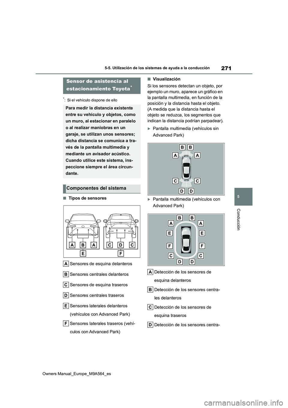 TOYOTA MIRAI 2023 Manual del propietario (in Spanish) 271
5
Owners Manual_Europe_M9A564_es
5-5. Utilización de los sistemas de ayuda a la conducción
Conducción
*: Si el vehículo dispone de ello
■Tipos de sensores
Sensores de esquina delanteros
Se TOYOTA MIRAI 2023 Manual del propietario (in Spanish) 271
5
Owners Manual_Europe_M9A564_es
5-5. Utilización de los sistemas de ayuda a la conducción
Conducción
*: Si el vehículo dispone de ello
■Tipos de sensores
Sensores de esquina delanteros
Se