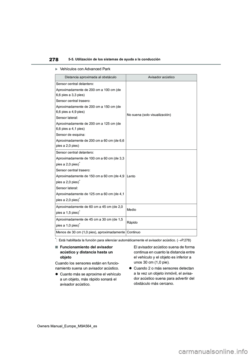 TOYOTA MIRAI 2023 Manual del propietario (in Spanish) 278
Owners Manual_Europe_M9A564_es
5-5. Utilización de los sistemas de ayuda a la conducción
Vehículos con Advanced Park
*: Está habilitada la función para silenciar automáticamente el avisad TOYOTA MIRAI 2023 Manual del propietario (in Spanish) 278
Owners Manual_Europe_M9A564_es
5-5. Utilización de los sistemas de ayuda a la conducción
Vehículos con Advanced Park
*: Está habilitada la función para silenciar automáticamente el avisad