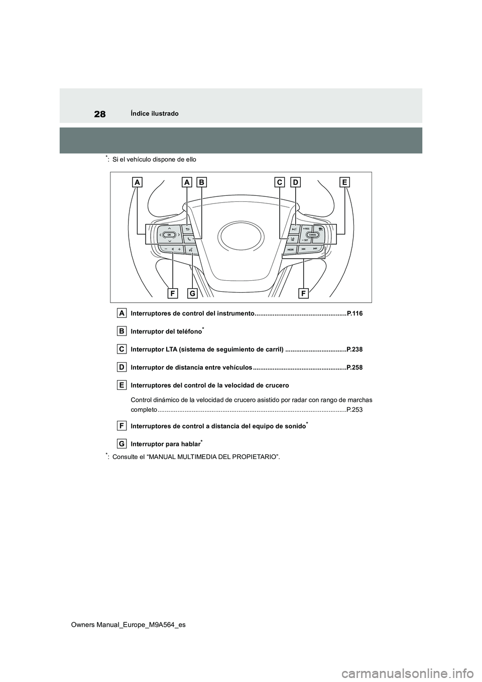 TOYOTA MIRAI 2023 Manual del propietario (in Spanish) 28
Owners Manual_Europe_M9A564_es
Índice ilustrado
*: Si el vehículo dispone de ello
Interruptores de control del instrumento....................... ............................ P.116
Interruptor TOYOTA MIRAI 2023 Manual del propietario (in Spanish) 28
Owners Manual_Europe_M9A564_es
Índice ilustrado
*: Si el vehículo dispone de ello
Interruptores de control del instrumento....................... ............................ P.116
Interruptor