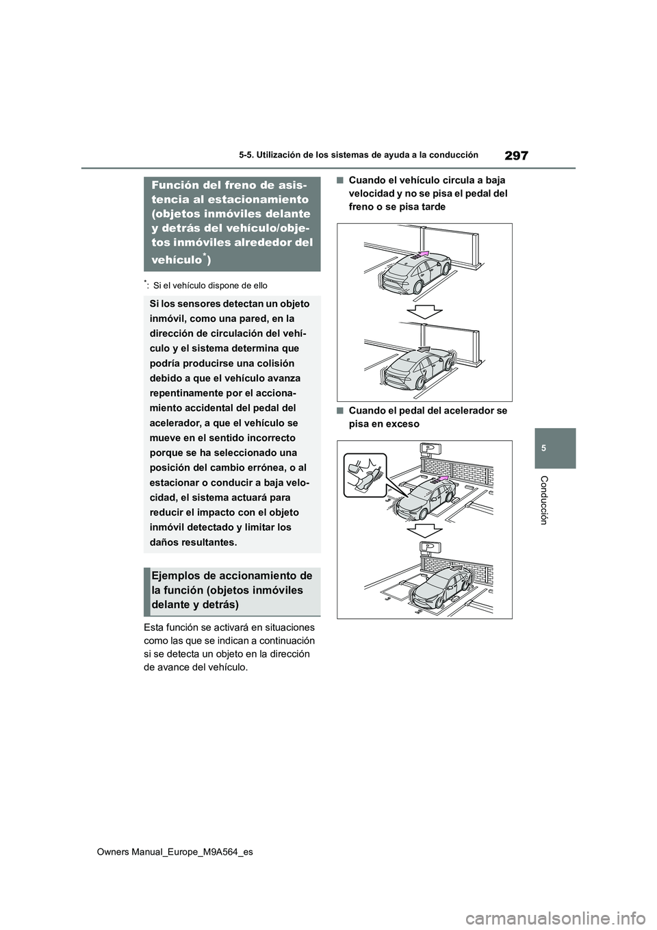 TOYOTA MIRAI 2023 Manual del propietario (in Spanish) 297
5
Owners Manual_Europe_M9A564_es
5-5. Utilización de los sistemas de ayuda a la conducción
Conducción
*: Si el vehículo dispone de ello
Esta función se activará en situaciones
como las que TOYOTA MIRAI 2023 Manual del propietario (in Spanish) 297
5
Owners Manual_Europe_M9A564_es
5-5. Utilización de los sistemas de ayuda a la conducción
Conducción
*: Si el vehículo dispone de ello
Esta función se activará en situaciones
como las que