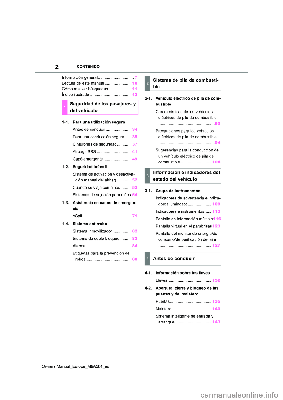 TOYOTA MIRAI 2023 Manual del propietario (in Spanish) 2
Owners Manual_Europe_M9A564_es
CONTENIDO
Información general ................................7
Lectura de este manual ........................ 10
Cómo realizar búsquedas..................... 11 TOYOTA MIRAI 2023 Manual del propietario (in Spanish) 2
Owners Manual_Europe_M9A564_es
CONTENIDO
Información general ................................7
Lectura de este manual ........................ 10
Cómo realizar búsquedas..................... 11